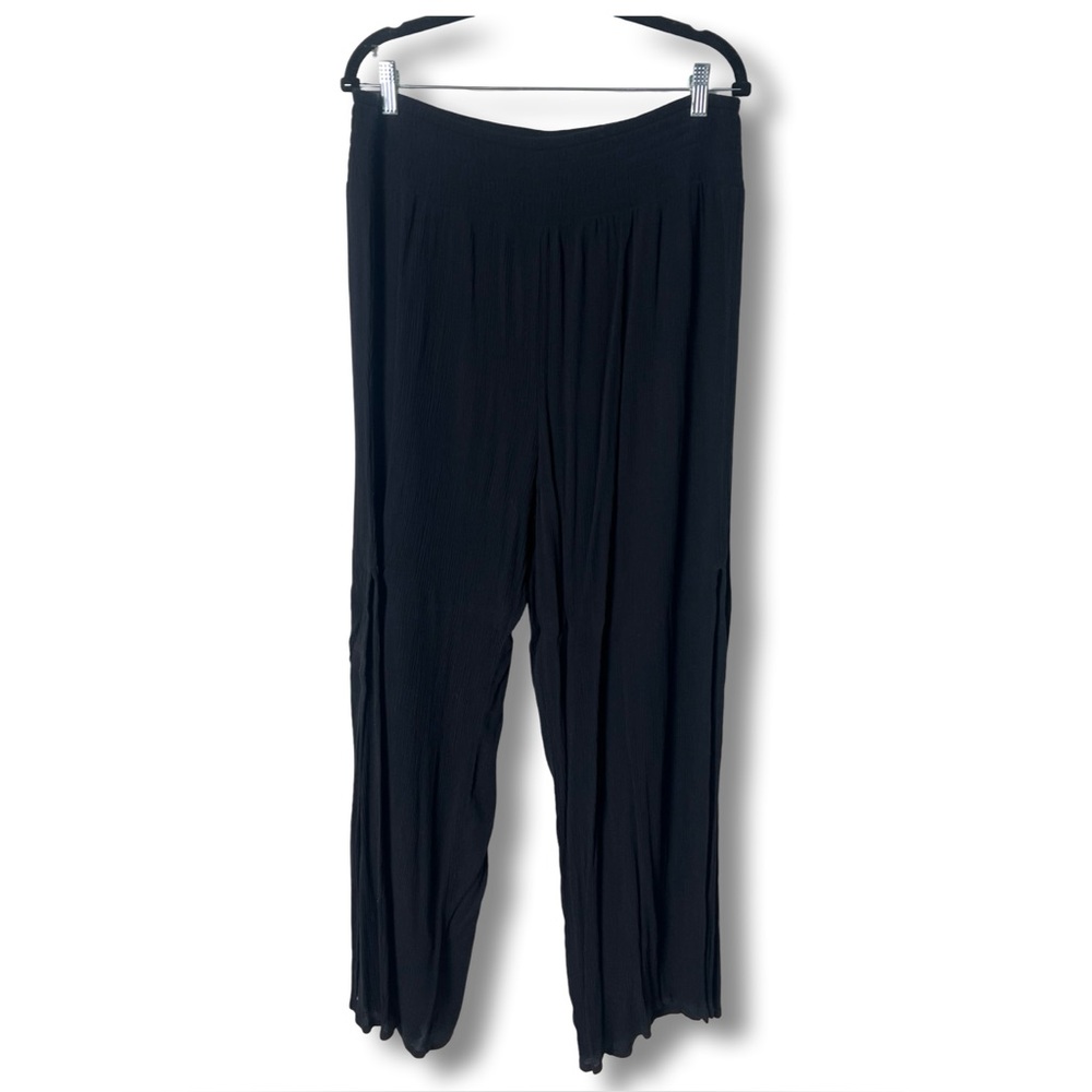 Kona Sol - Women’s Black Smocked Waist Wide Leg Beach Pants High Slit – Sz. XL